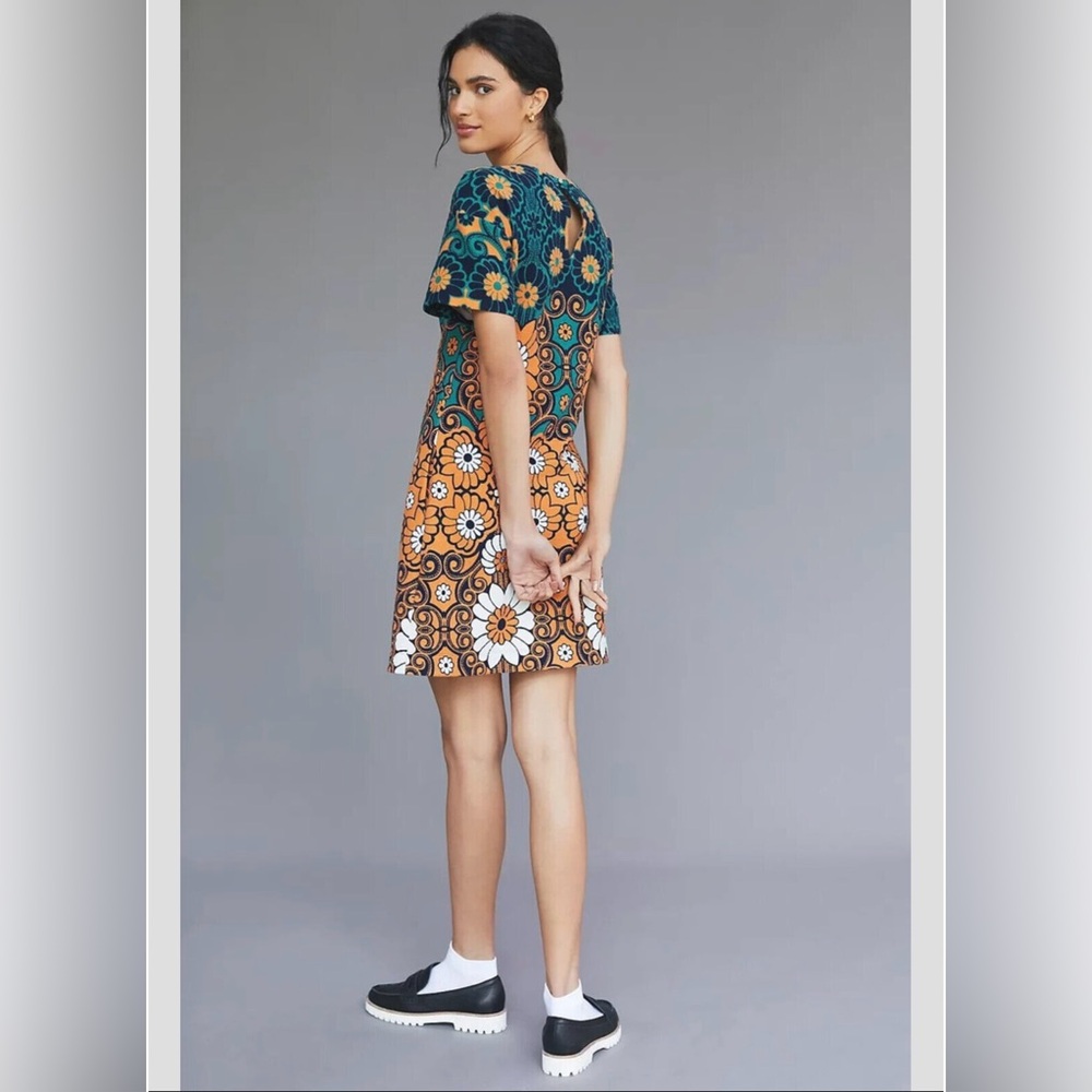 NWT Anthropologie Maeve Floral Shift Mini Dress Mod Blue Green Size XS New